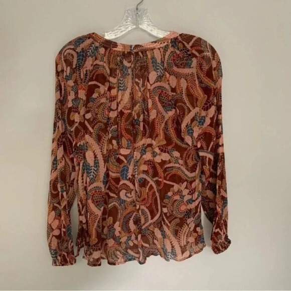 A.L.C. Flowing Paisley Long Sleeve Split Tie Neck Delphina Silk Blouse Brown 2 - Picture 4 of 13